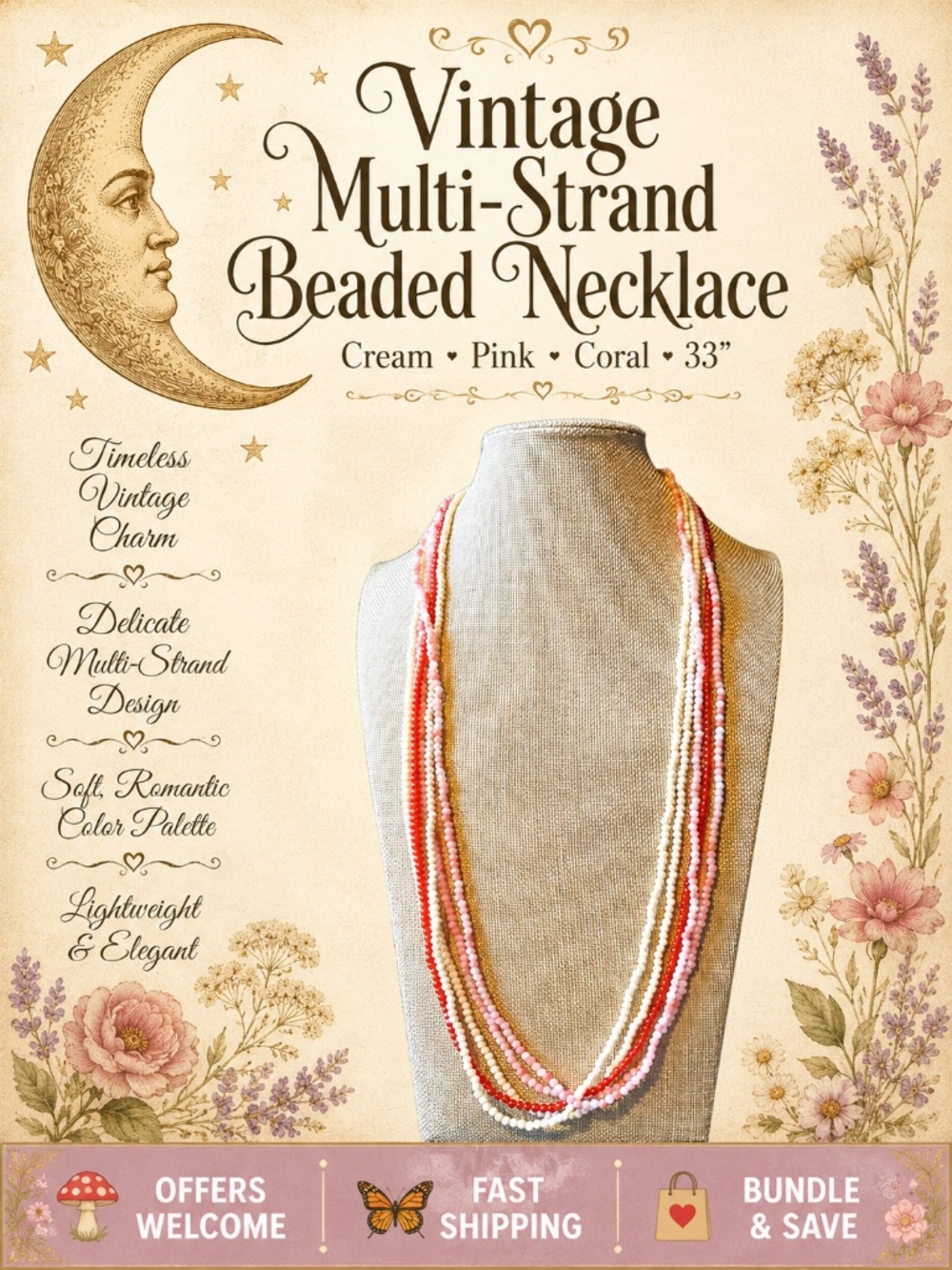 Vintage Multi‑Strand Beaded Necklace Cream Coral Pink 33” Layered Style